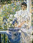 Robert Reid Canvas Paintings - Woman on a Porch with Flowers